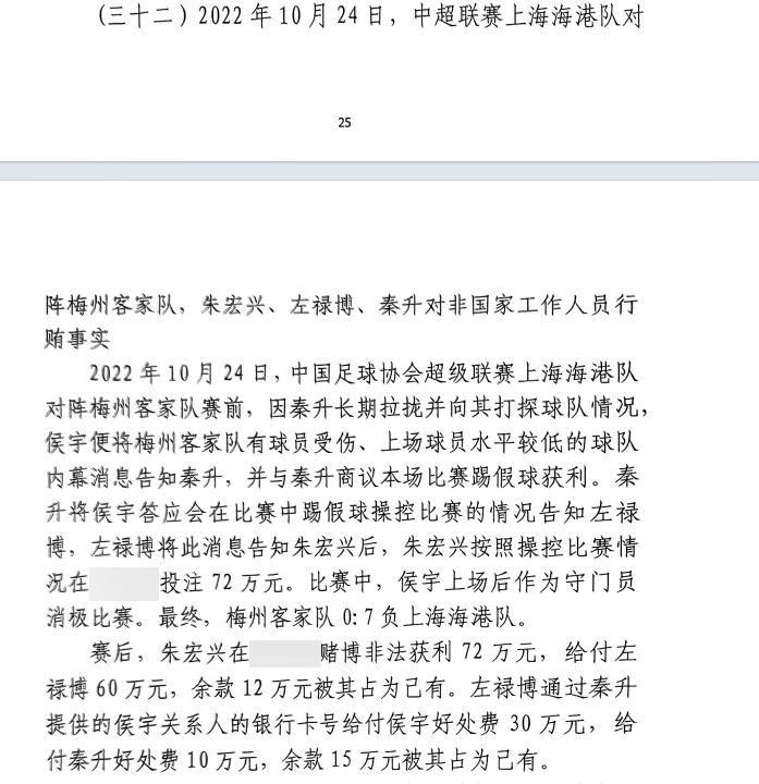 網傳判決書：梅州0-7海港，梅州守門員侯宇收30萬好處費消極比賽